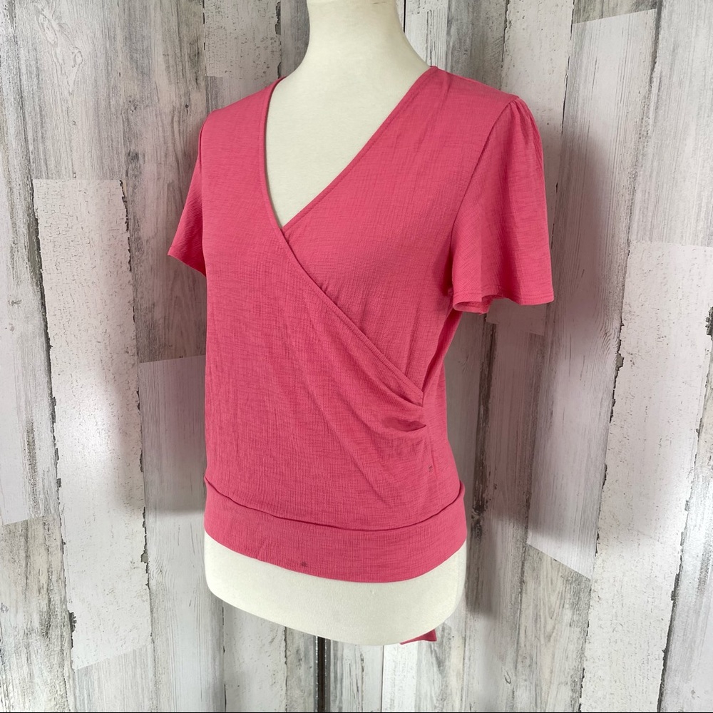 Paperoc Women's Pink Faux Wrap V Neck Short‎ Sleeve Shirt Top Blouse Size Medium